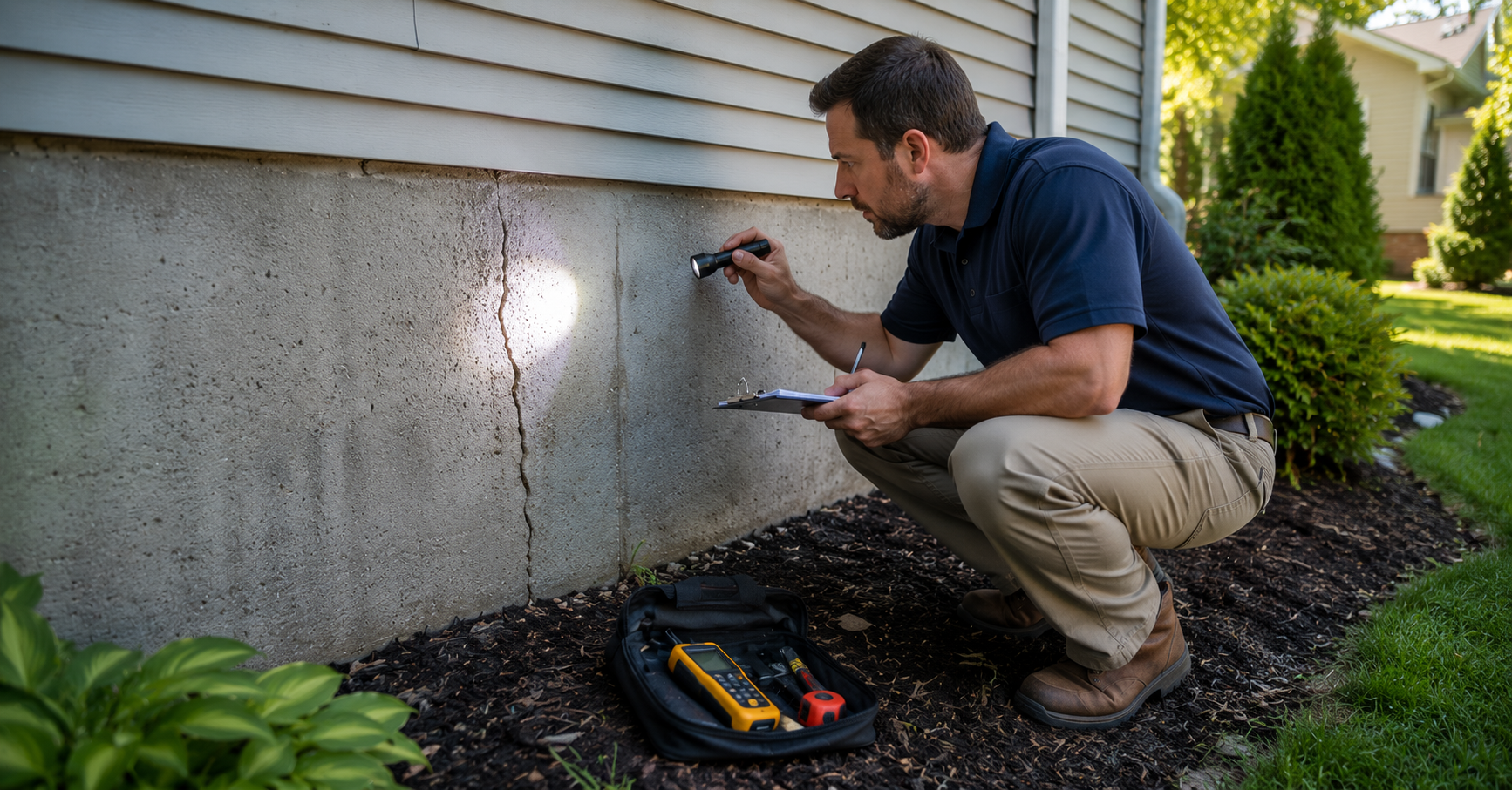 Professional home inspector examining a concrete foundation crack to help protect and increase home value before selling