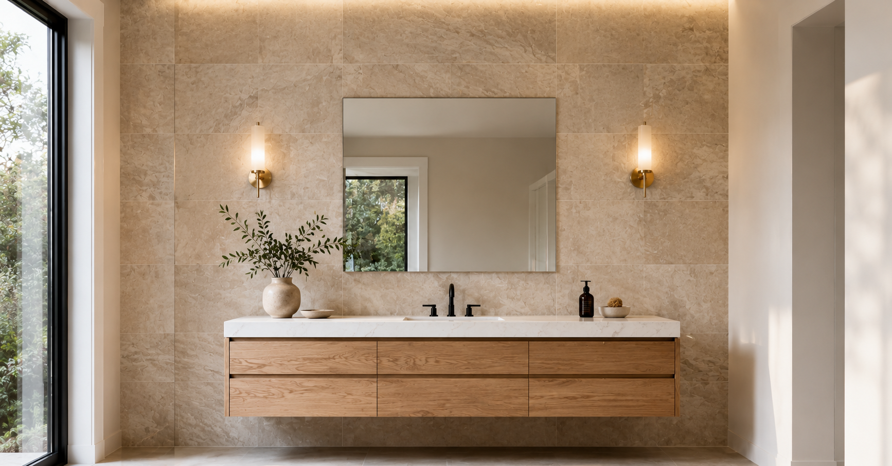Full-height porcelain bathroom vanity backsplash extending from countertop to ceiling