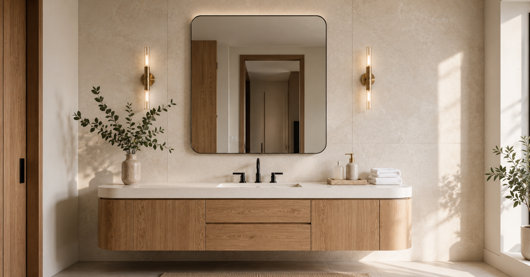 Full-height porcelain bathroom vanity backsplash extending from countertop to ceiling behind a floating oak vanity