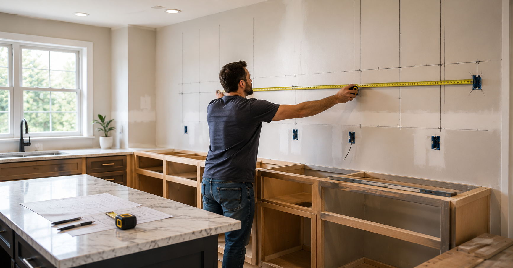 Homeowner measuring a kitchen wall before installing standard kitchen cabinets during a kitchen renovation.