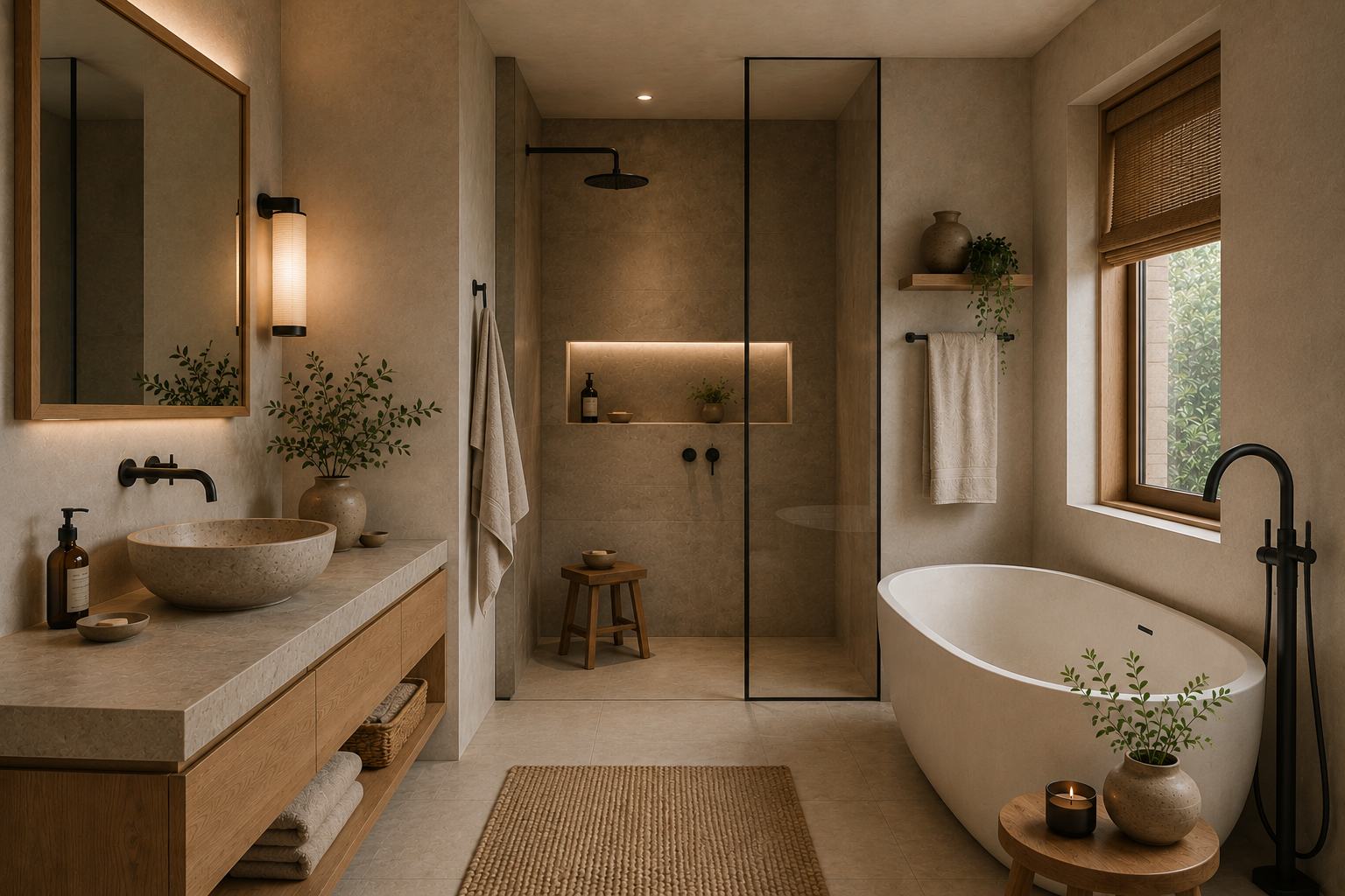 Modern Japandi bathroom with a floating oak vanity, stone vessel sink, walk-in shower, freestanding bathtub, warm lighting, and natural wood accents.