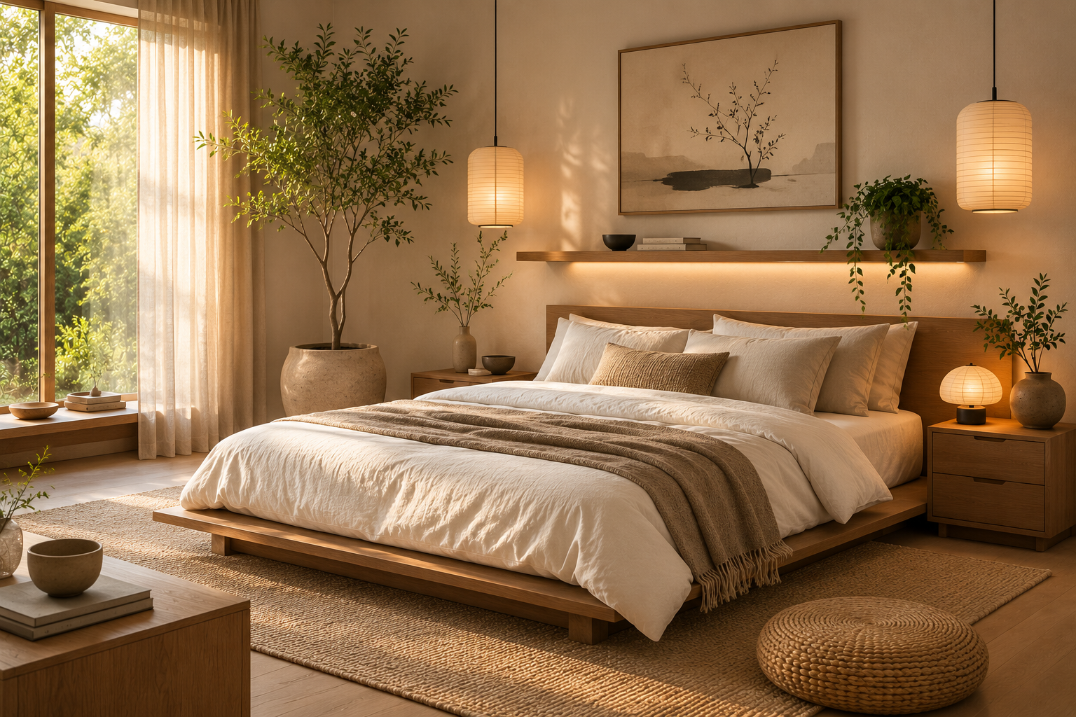 Modern Japandi bedroom with a low wooden platform bed, white linen bedding, warm neutral walls, paper pendant lights, natural wood furniture, and indoor plants.