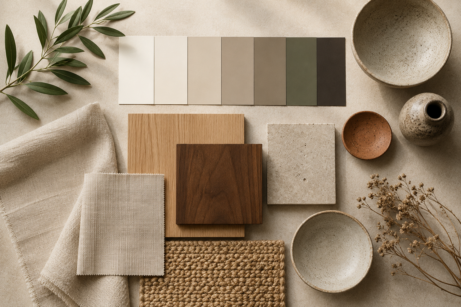Top-down Japandi color palette featuring warm neutral paint swatches, oak and walnut wood samples, linen fabric, jute, handmade ceramic bowls, and natural stone materials.