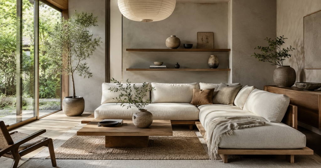 Modern Japandi living room with a low oak sofa, linen upholstery, natural wood furniture, handmade ceramics, warm neutral colors, and large windows creating a calm minimalist interior.