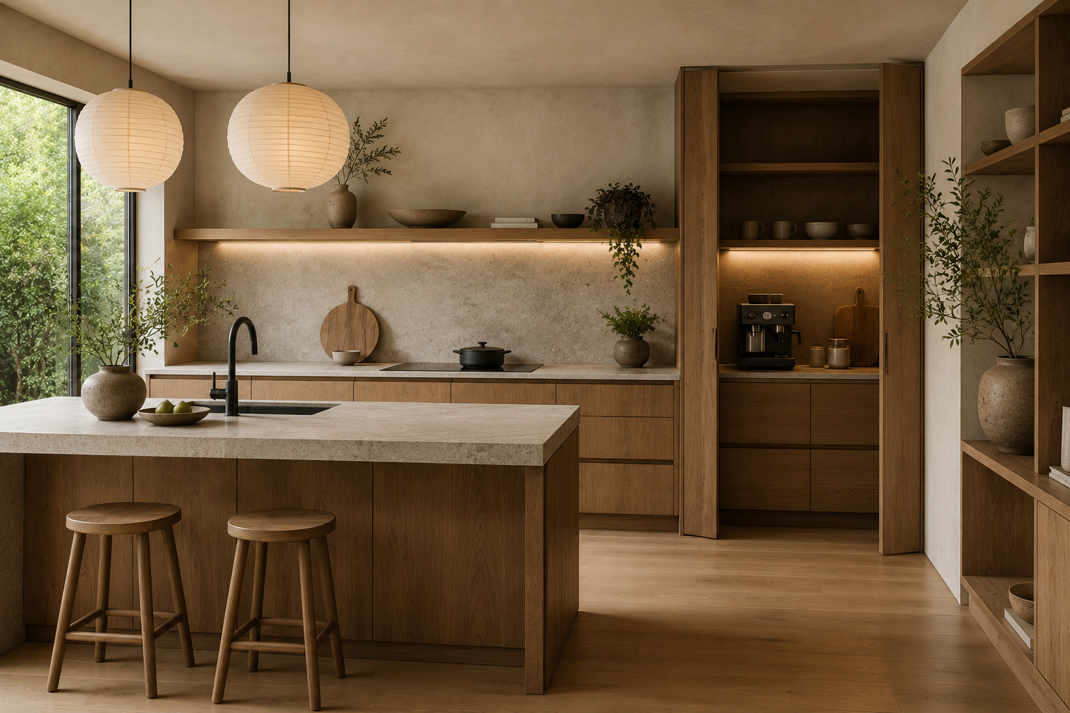 Modern Japandi kitchen with warm oak cabinets, stone countertops, hidden coffee station, paper pendant lights, open shelving, and natural wood finishes.