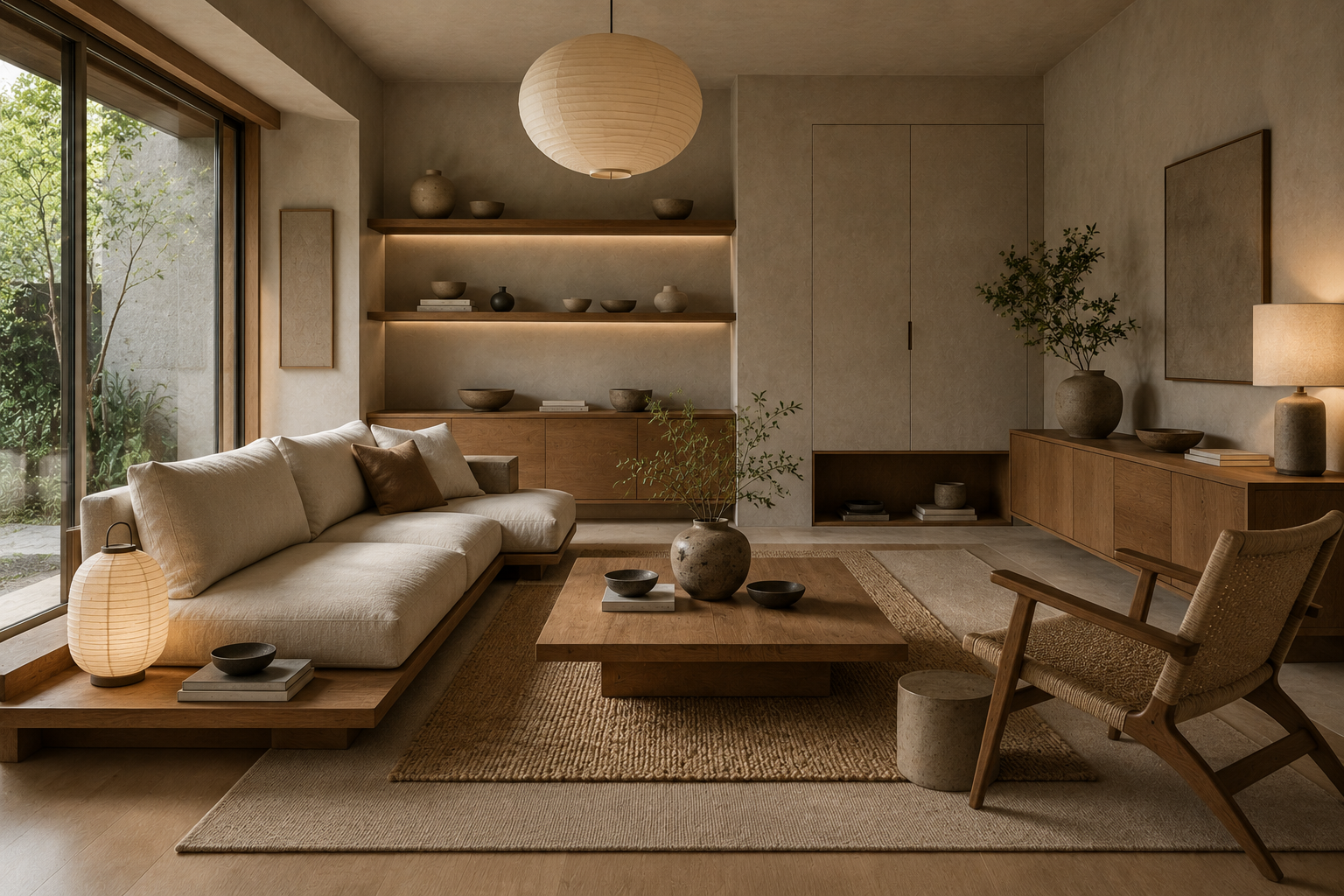 Modern Japandi living room featuring a low oak sofa, natural wood coffee table, hidden storage, handmade ceramics, layered lighting, and warm neutral colors.