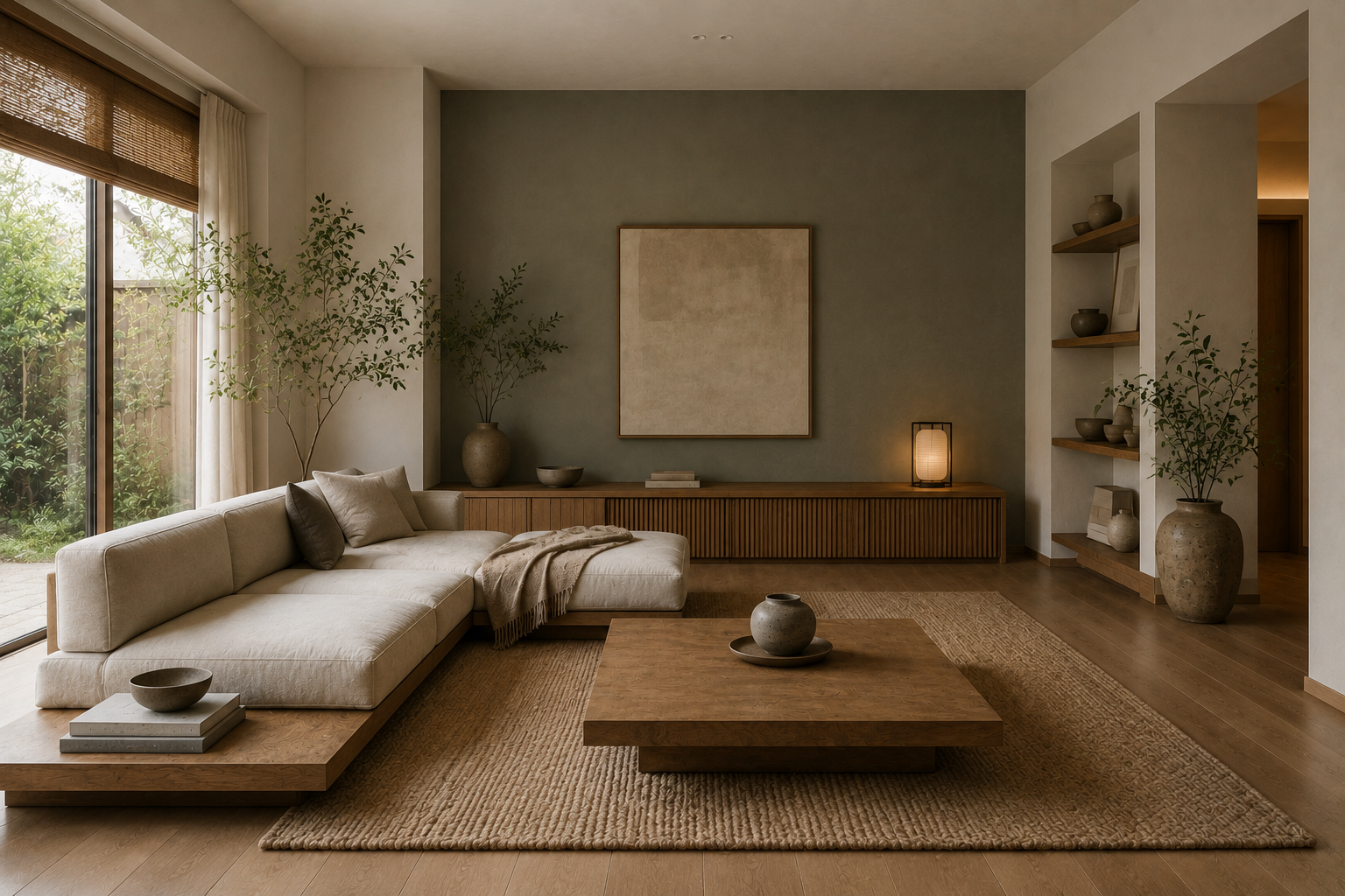 Modern Japandi living room with a low oak sofa, linen upholstery, solid wood coffee table, jute rug, warm greige walls, and handcrafted ceramic décor.