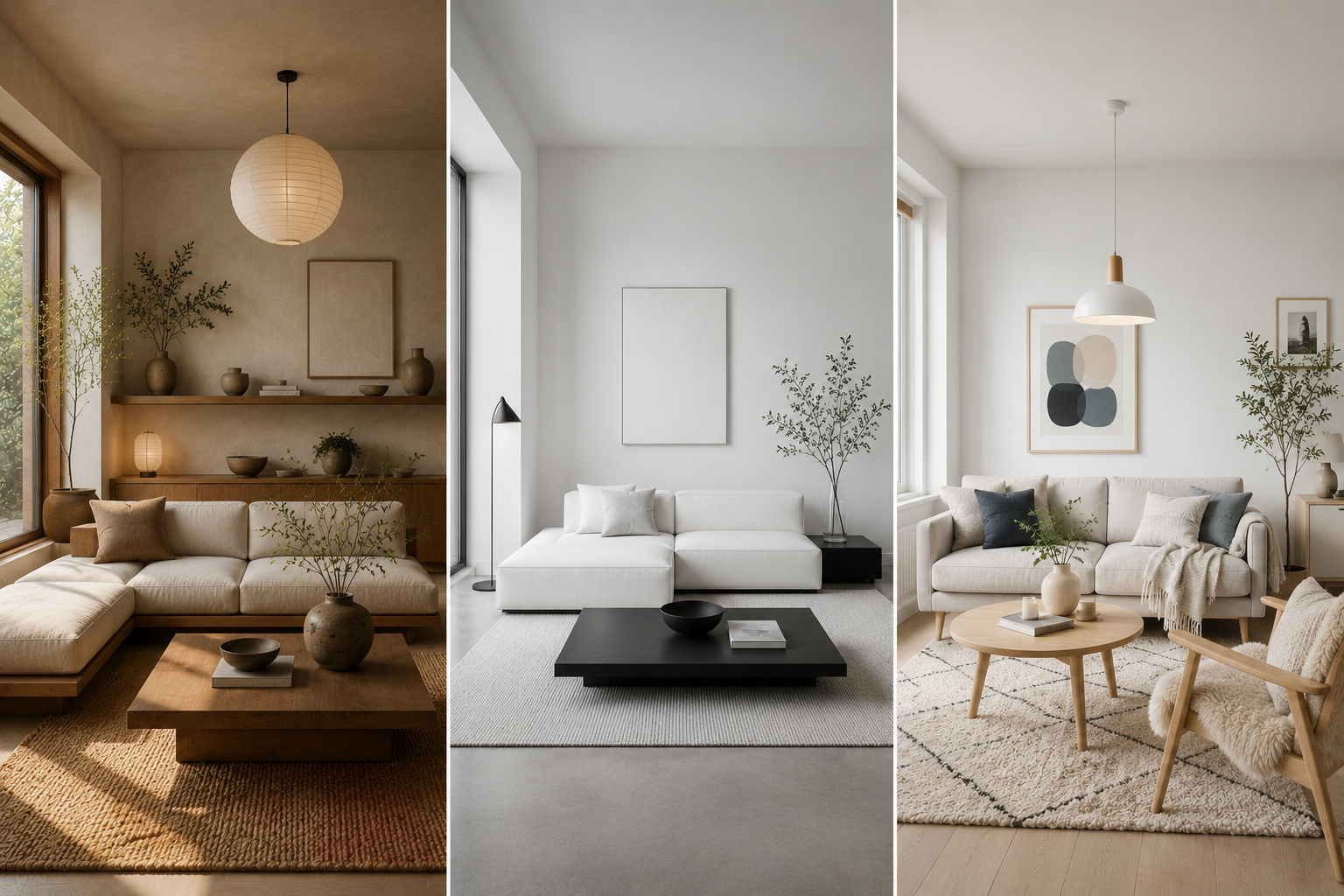 Side-by-side comparison of Japandi, minimalist, and Scandinavian living room interior design styles showing differences in color palette, furniture, materials, and overall atmosphere.