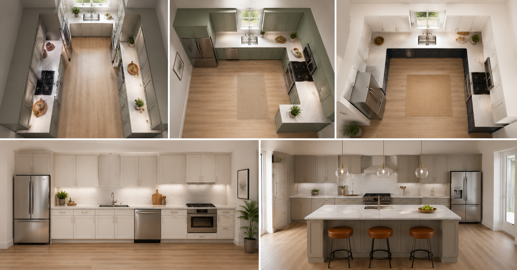 Comparison of modern kitchen layouts featuring standard kitchen cabinets in galley, L-shaped, U-shaped, one-wall, and island kitchen designs.