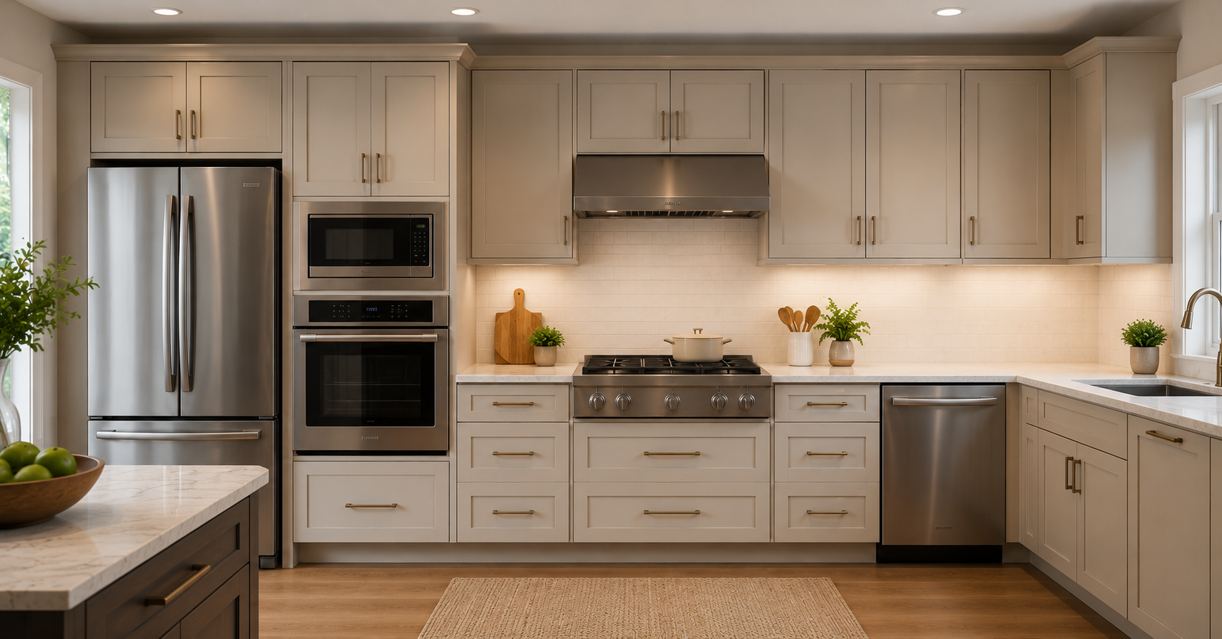 Modern kitchen with standard cabinets designed to fit a refrigerator, dishwasher, wall oven, microwave, and range hood.