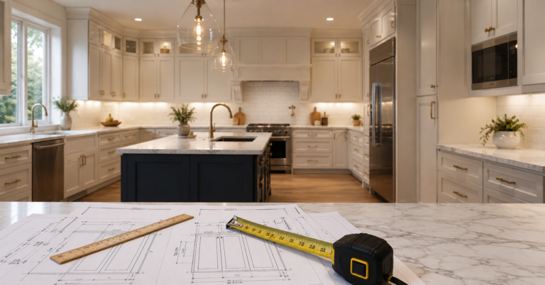 Kitchen cabinet sizes standard dimensions guide 2026, kitchen island, cabinet measurement plans, and measuring tape for kitchen cabinet size planning.