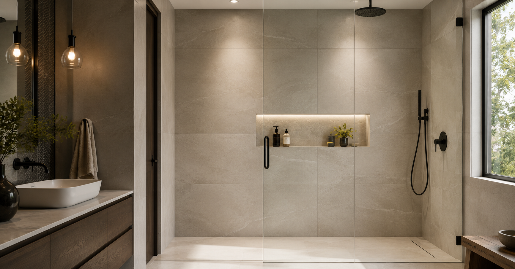 Modern walk-in shower with large-format porcelain tiles, frameless glass enclosure, recessed shower niche, and matte black fixtures.
