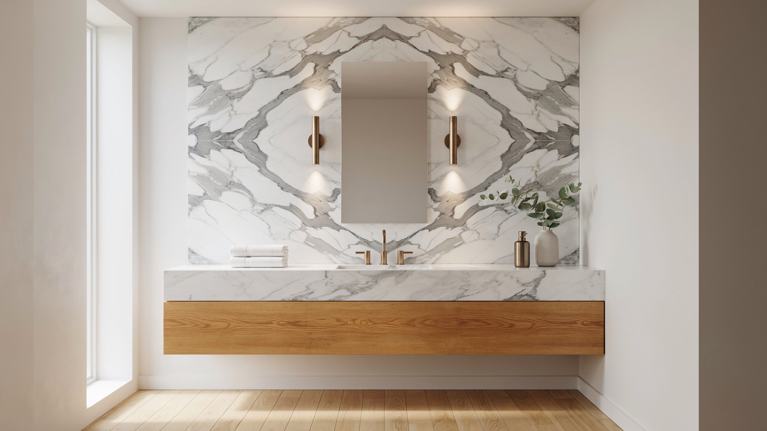 Luxury bathroom vanity with book-matched marble slab backsplash and floating oak vanity