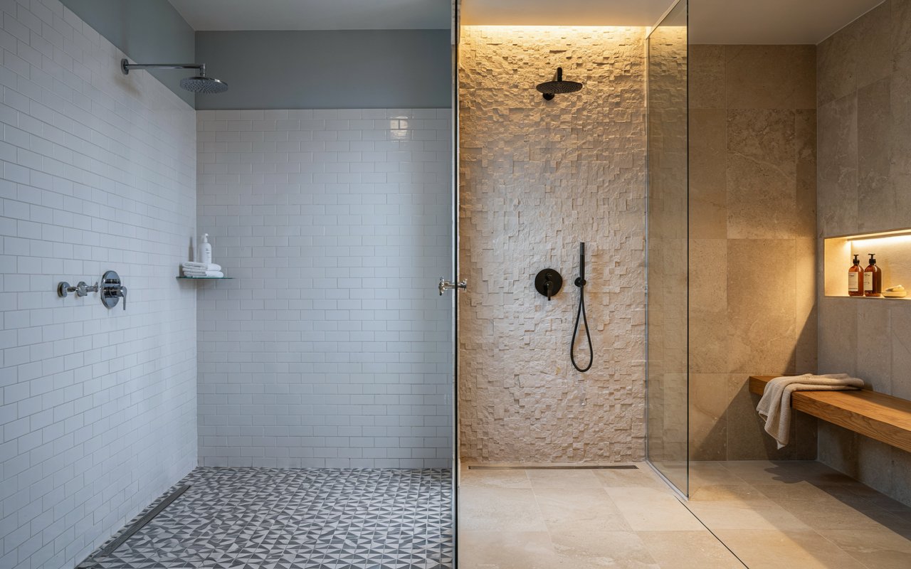 Bathroom Tile Shower Ideas comparing an outdated white subway tile shower with a modern warm beige porcelain walk-in shower featuring a textured accent wall and frameless glass enclosure.