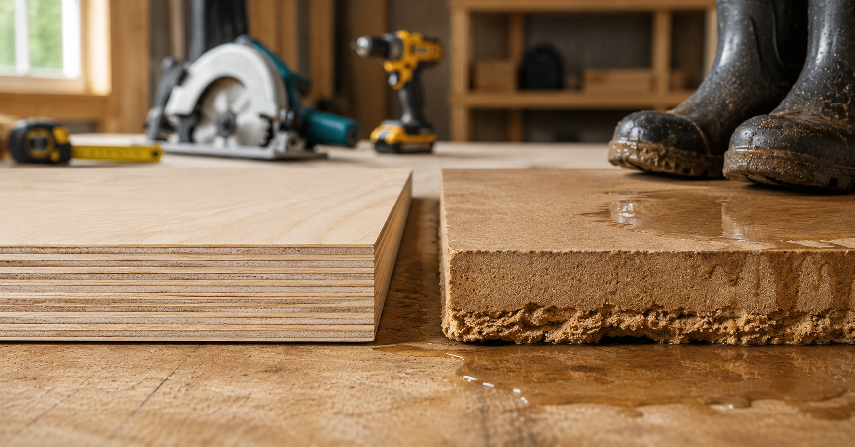 plywood vs MDF mudroom bench water damage comparison MDF swelling crumbling