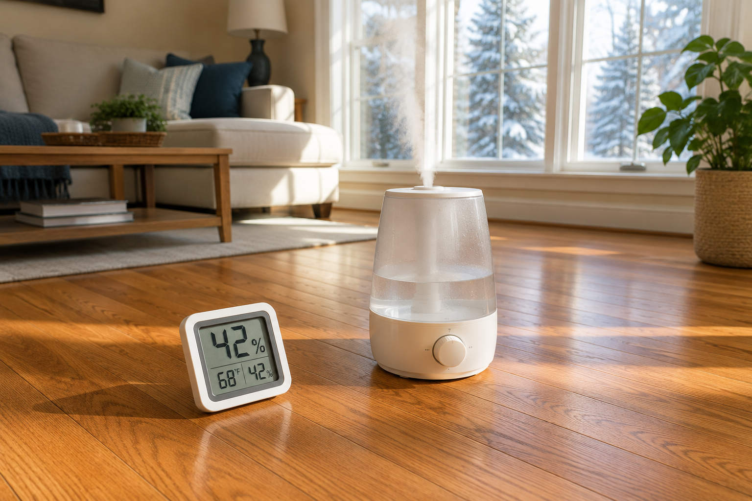 Digital hygrometer showing 42% humidity beside a humidifier on hardwood floors to help prevent seasonal squeaky hardwood floorboards.