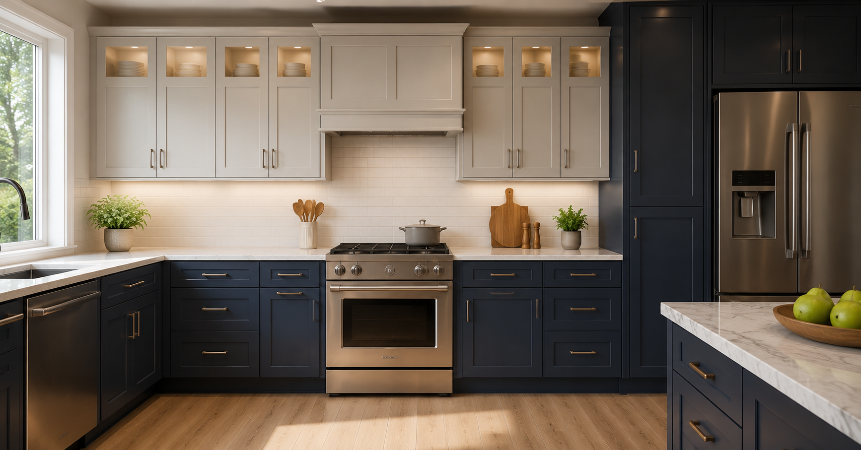 Modern kitchen featuring standard base cabinets, wall cabinets, and tall pantry cabinets in a functional kitchen layout.