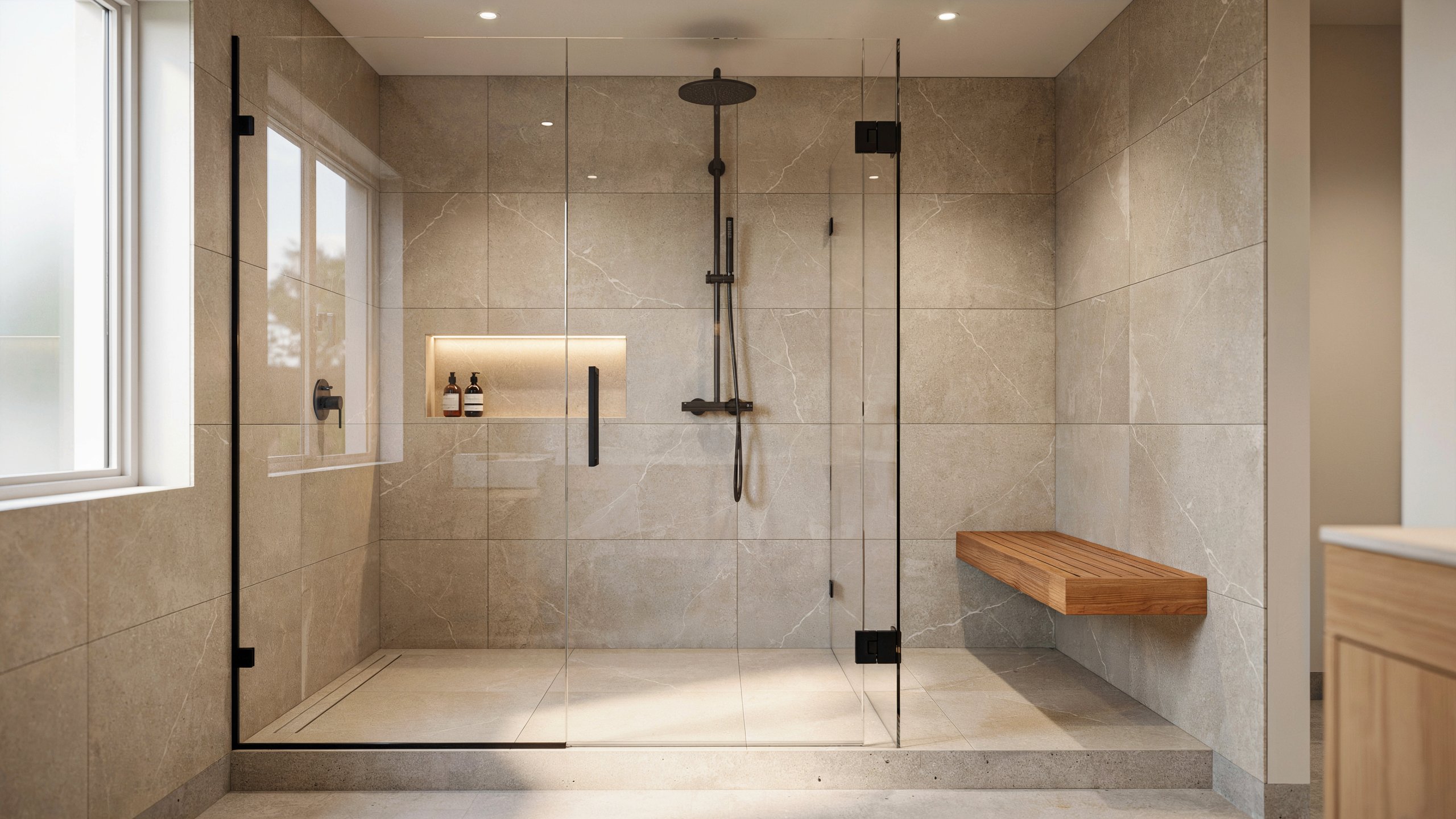 Bathroom Tile Shower Ideas showcasing a tile-drenched walk-in shower with large-format stone-look porcelain tiles, frameless glass enclosure, floating teak bench, recessed illuminated niche, and matte black rainfall shower system.