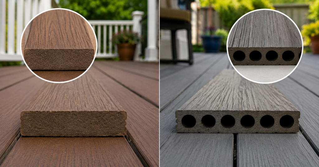 Can you paint Trex decking? Side-by-side comparison of pre-2010 uncapped and post-2010 capped Trex composite decking boards.