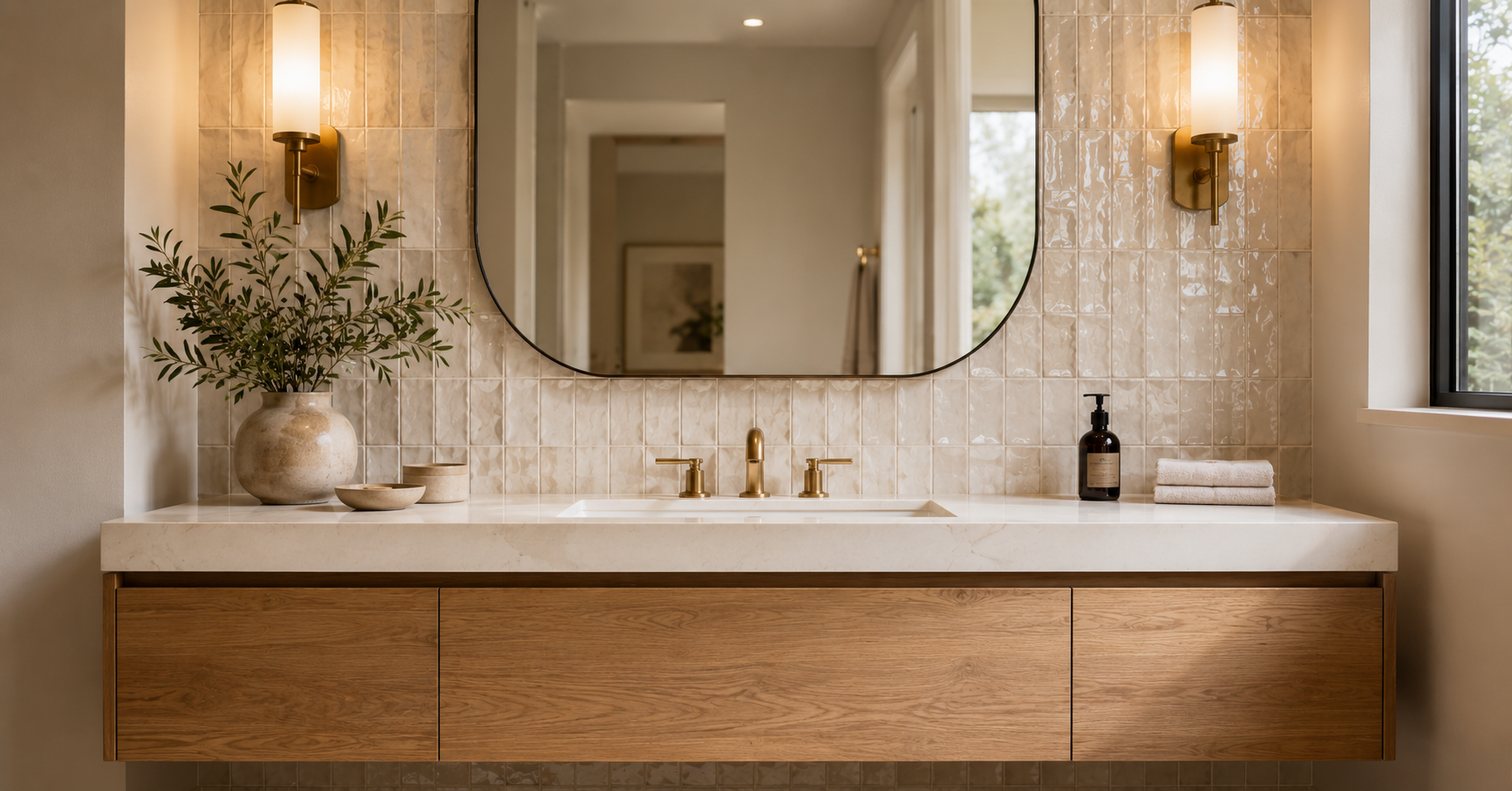 Handmade white zellige tile bathroom vanity backsplash with floating oak vanity
