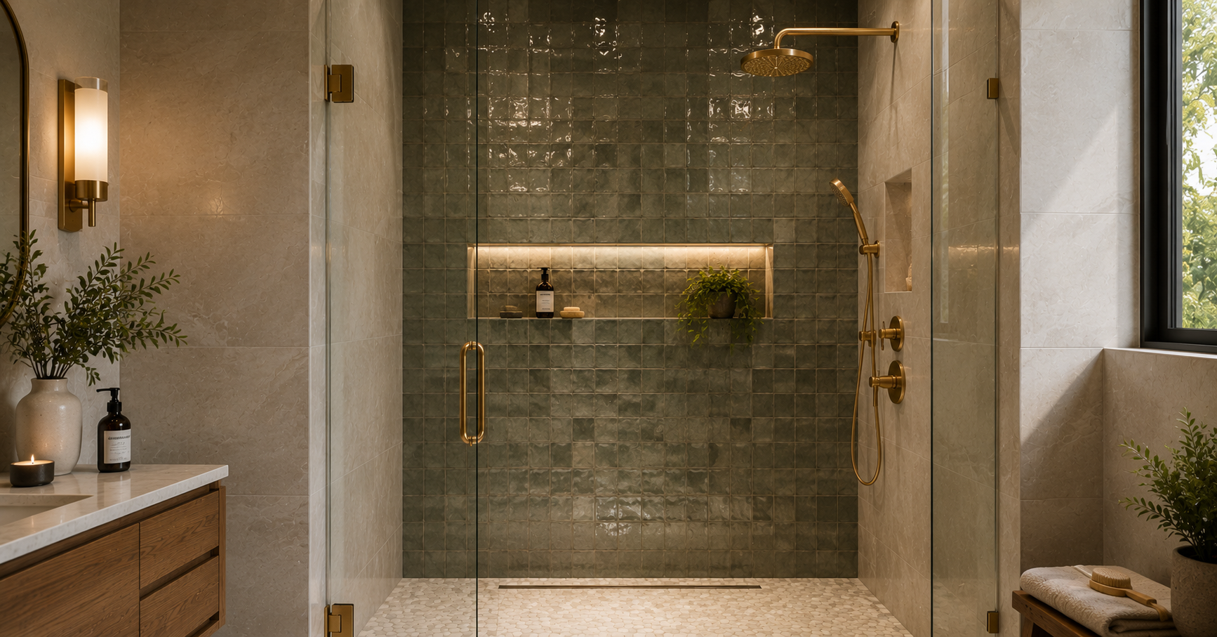 Bathroom Tile Shower Ideas featuring a glossy green zellige tile accent wall in a modern walk-in shower with brass fixtures, a recessed shower niche, and frameless glass enclosure.