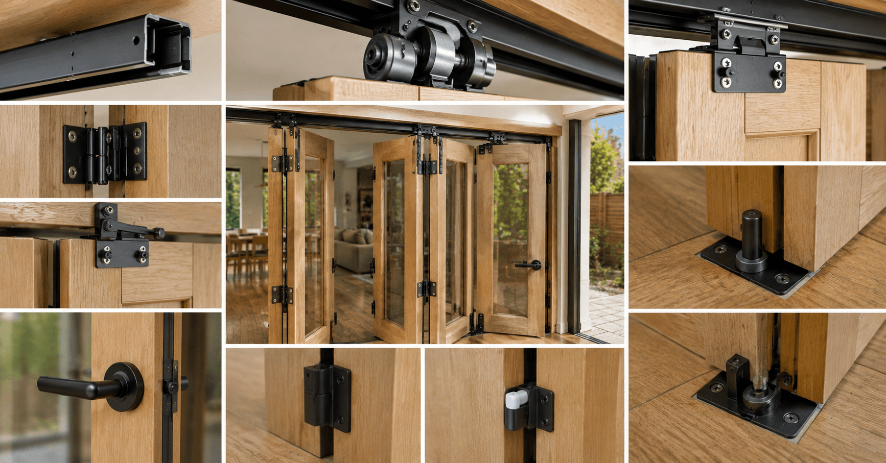 Bifold Door Hardware Parts: Track, Rollers, Pivots, Hinges and Brackets Bifold door hardware parts including top track, roller, pivots, brackets, hinges, aligners, track stop, and handle.
