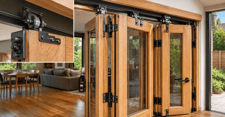 Bifold door hardware close-up and full view showing track, rollers, hinges, pivots, brackets, and handle in a modern interior.