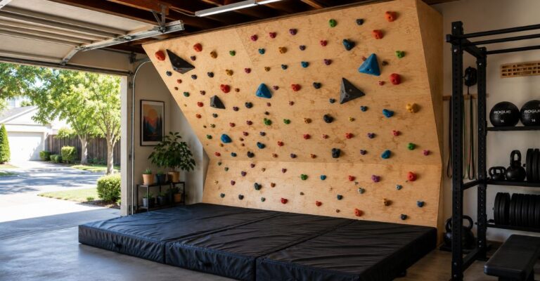 Finished DIY home climbing wall with colorful holds in a garage