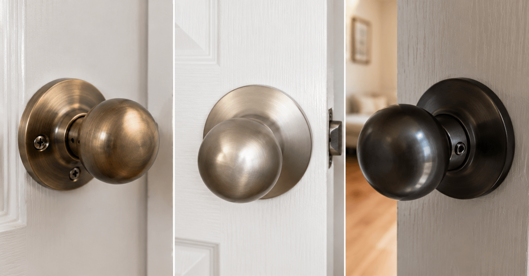 doorknob-types-visible-hidden-set-screw.jpg Three common doorknob types with visible screws, hidden rose plate screws, and a set screw