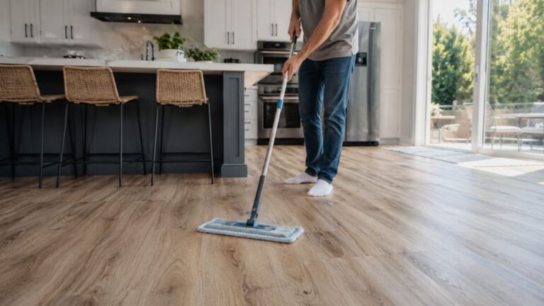 How to clean vinyl flooring using a microfiber mop in a modern kitchen