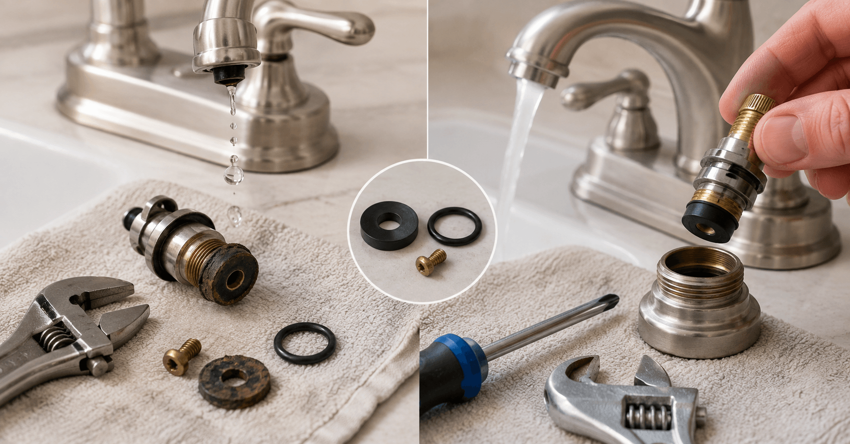 Replacing a worn faucet washer to fix a dripping faucet with new seals and repair tools