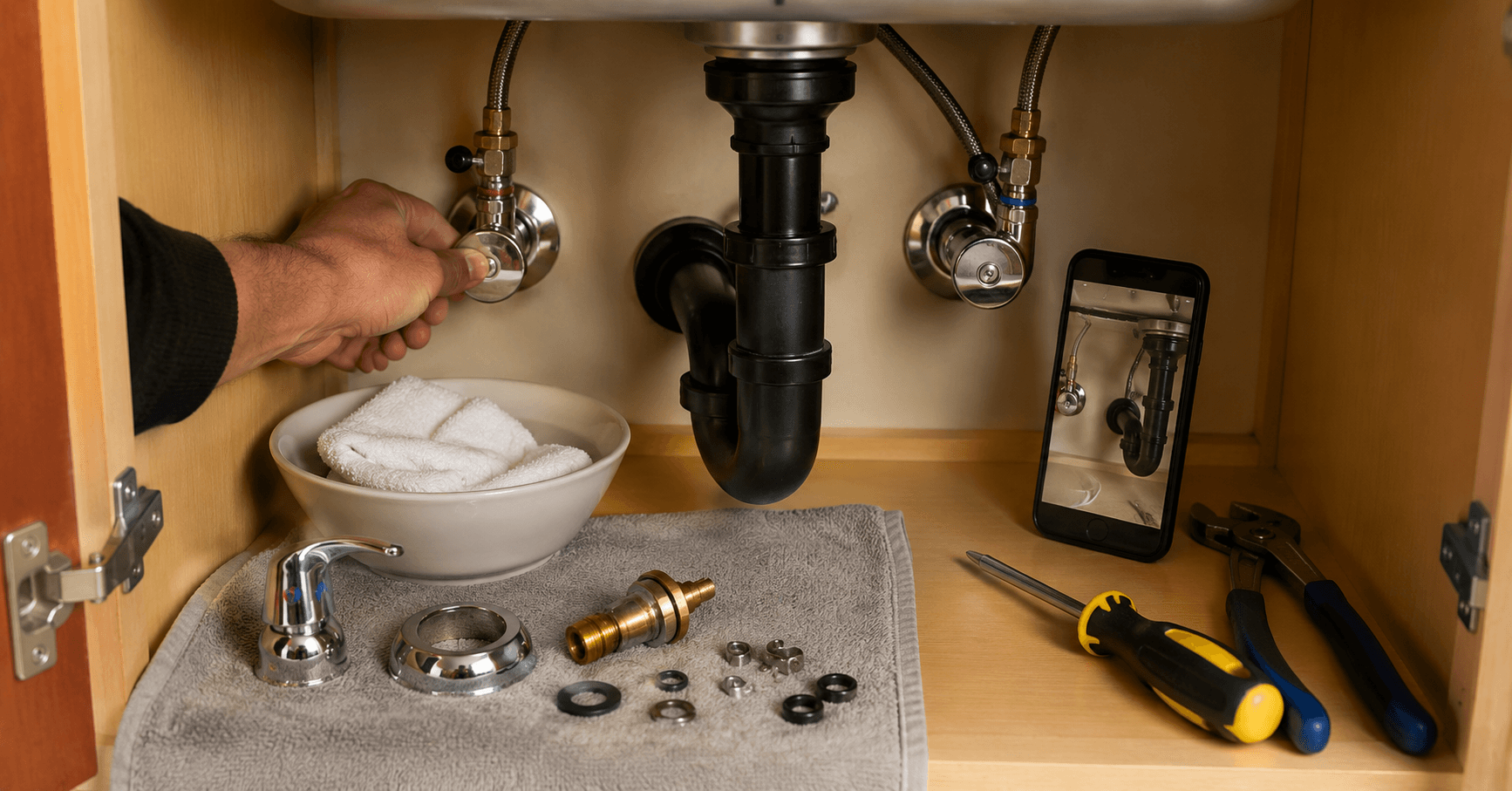 Under-sink safety setup for fixing a dripping faucet with shutoff valves and repair tools