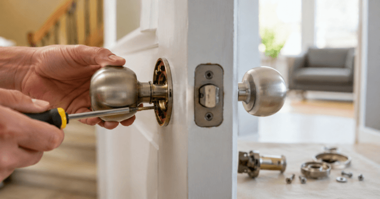 How to Fix a Loose Doorknob . Fix a Loose Doorknob . Hands using a screwdriver to fix a loose doorknob on a white interior door