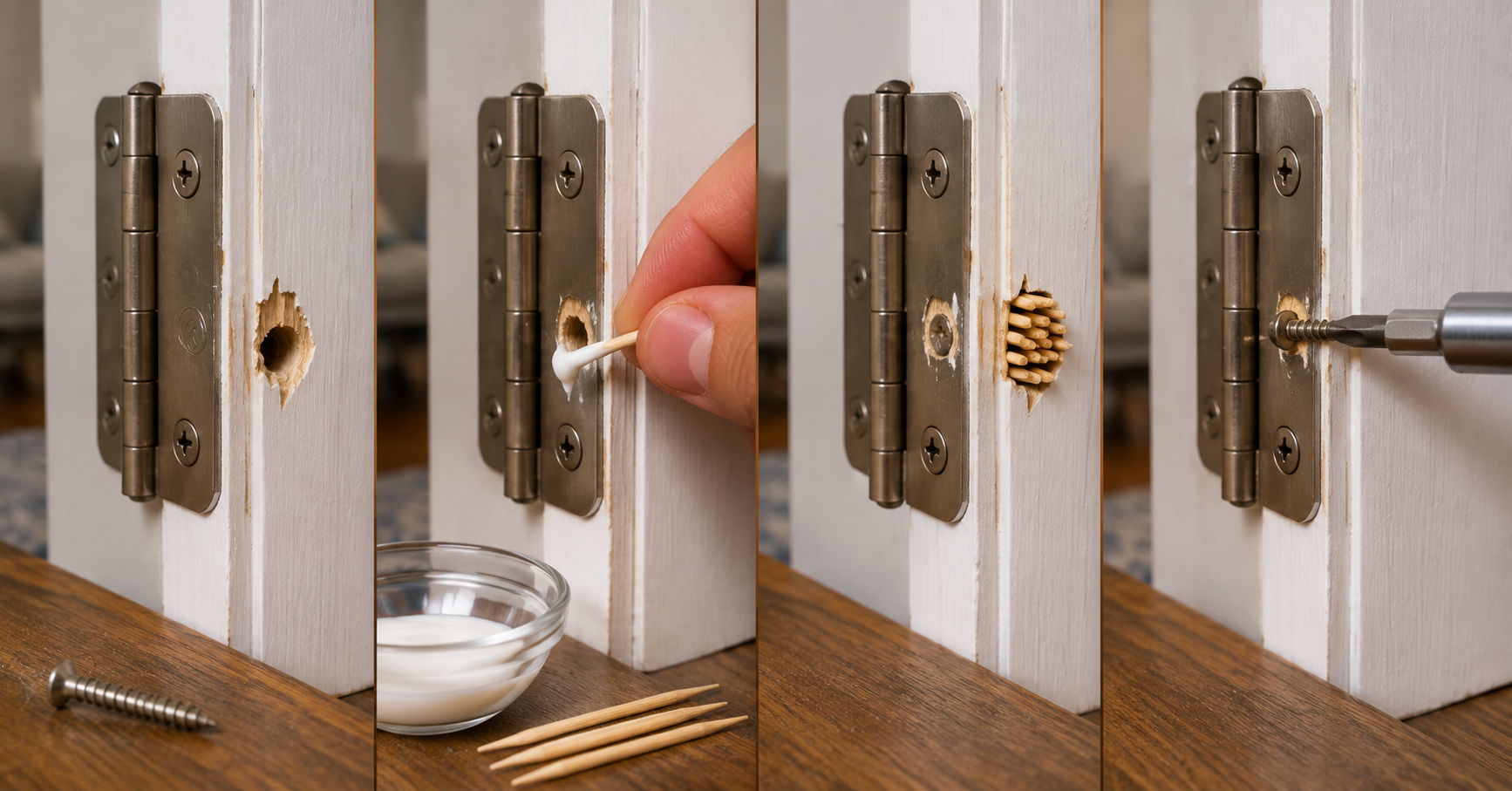 How to Fix a Sagging Door: Repair Stripped Screw Holes How to fix a sagging door by repairing stripped hinge screw holes with wood glue and toothpicks