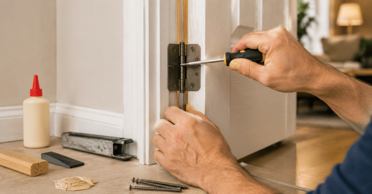 How to fix a sagging door by adjusting hinge screws and repairing the door hinge