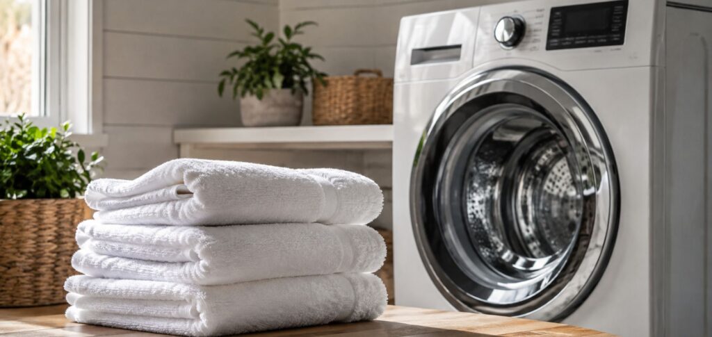 Stack of clean white bath towels next to a washing machine
