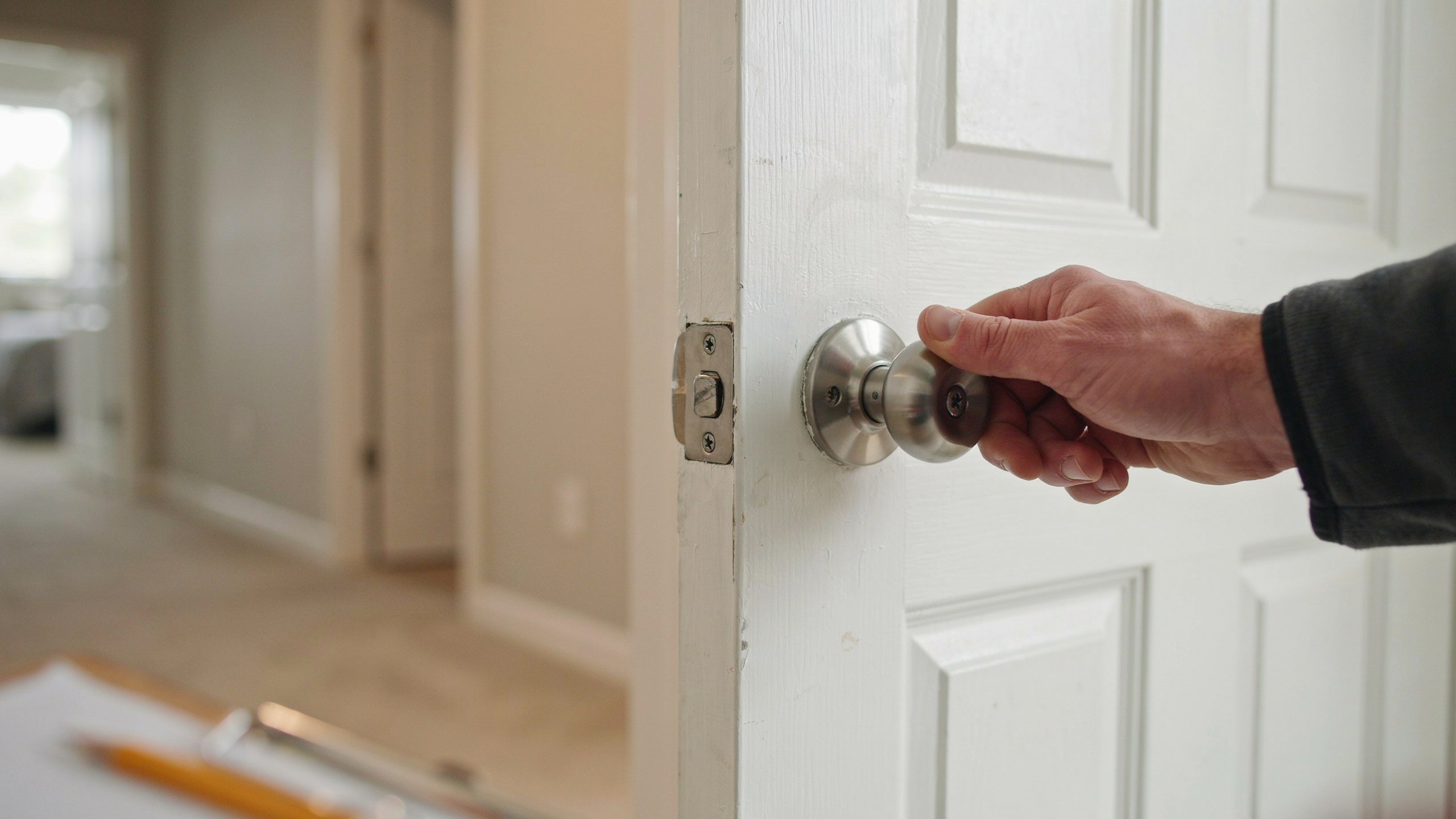 loose-doorknob-door-alignment-problem.jpg Close-up of a hand testing a loose doorknob on a wooden door with a slightly misaligned latch and strike plate, showing how loose hardware can indicate a larger door-fit problem.