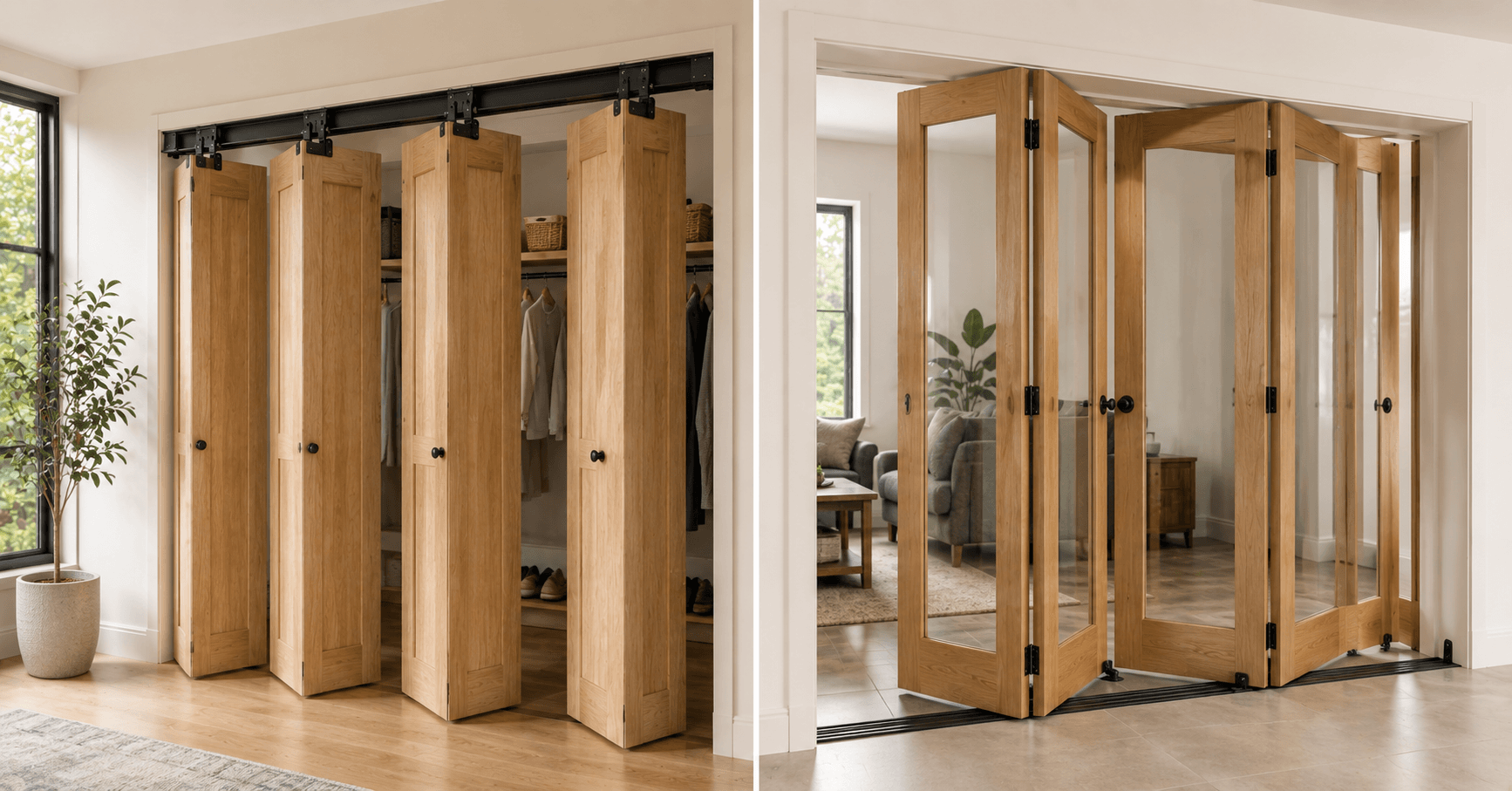 Top-Hung vs. Bottom-Rolling Bifold Door Hardware Top-hung vs bottom-rolling bifold door hardware comparison showing overhead track hardware and floor-mounted rollers.