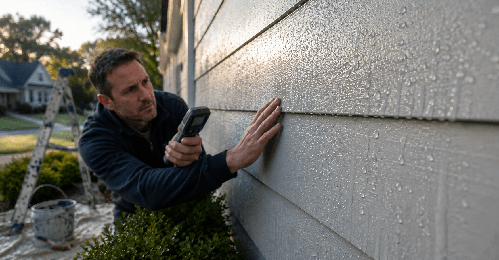 Checking Exterior Wall for Dew and Surface Moisture Checking dew and surface moisture on exterior siding before painting