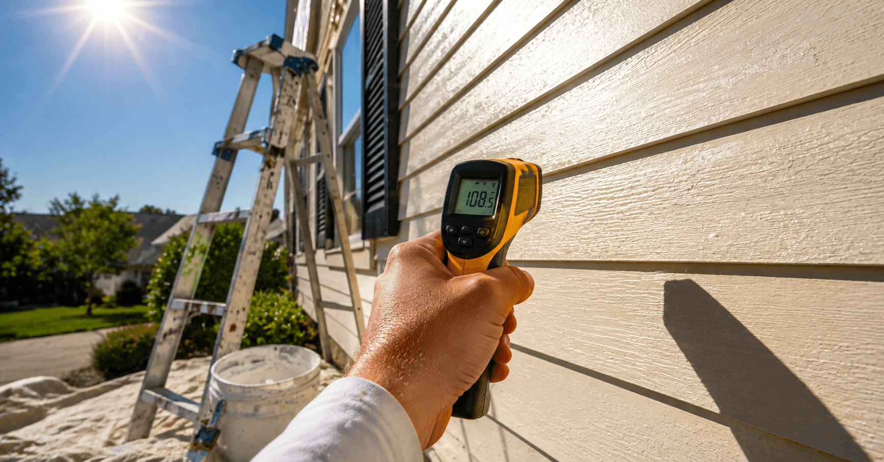 Checking Exterior Surface Temperature Before Painting Infrared thermometer checking exterior wall temperature before painting