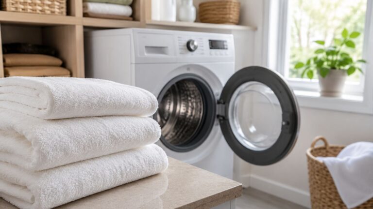 Why do towels smell after washing? Fresh bath towels beside a washing machine