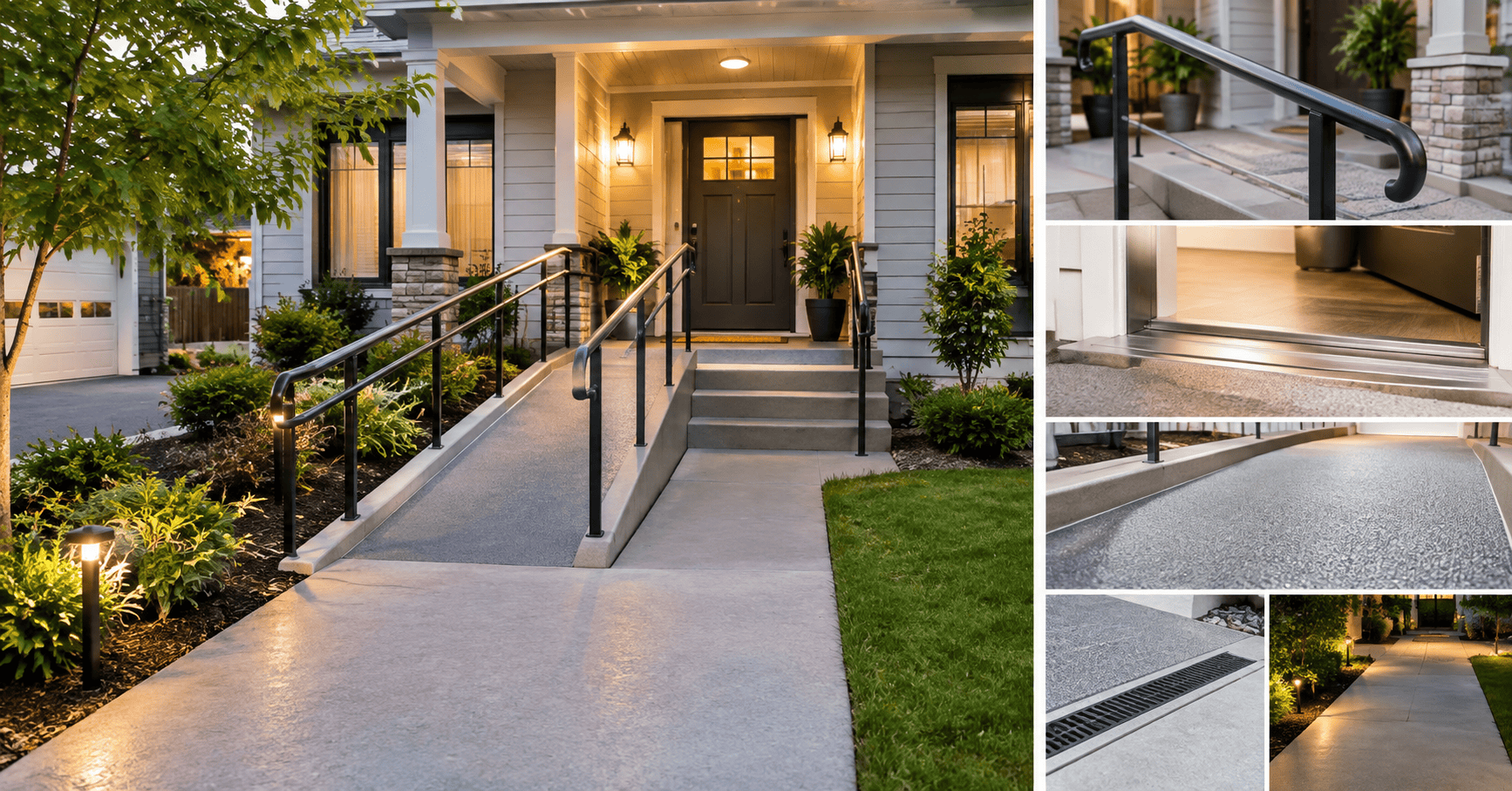 Aging in Place Home Modifications: Accessible Home Entrance Aging in place home modifications featuring an accessible entrance with a wheelchair ramp, secure handrails, low threshold, nonslip walkway, and exterior lighting.