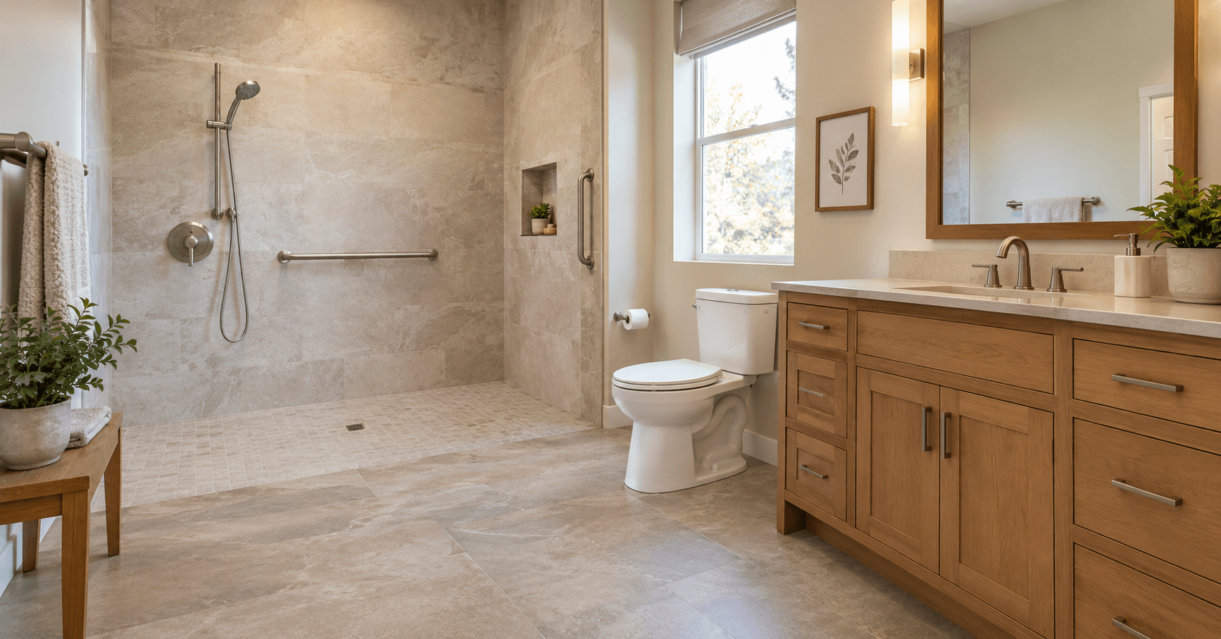 Accessible neutral bathroom with walk-in shower, grab bars, and water-efficient fixtures