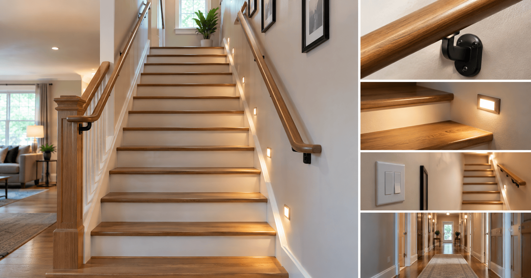 Aging in Place Home Modifications for Safer Stairs Aging in place home modifications featuring secure stair handrails, well-lit steps, and improved hallway lighting for safer movement.