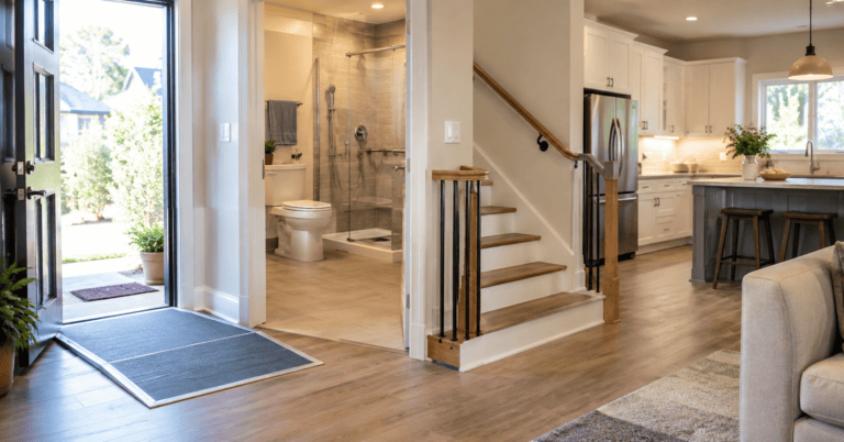 A modern home interior with accessible features for aging in place, including a walk-in shower, grab bars, stair railing, ramped entrance, and clear flooring.