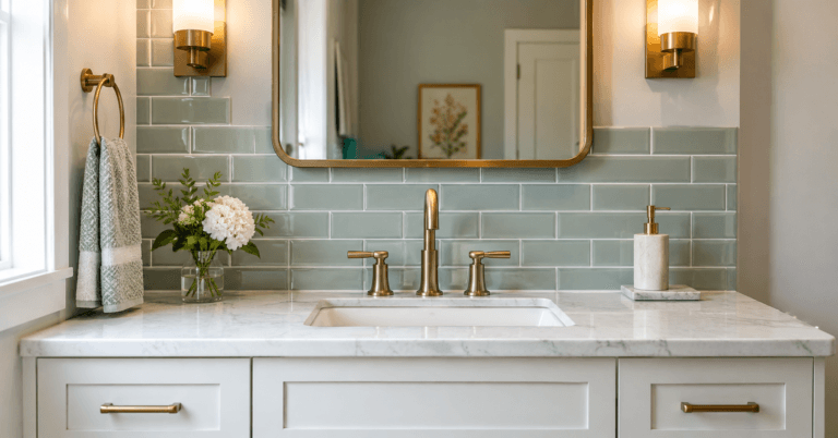 Modern bathroom vanity with tile backsplash