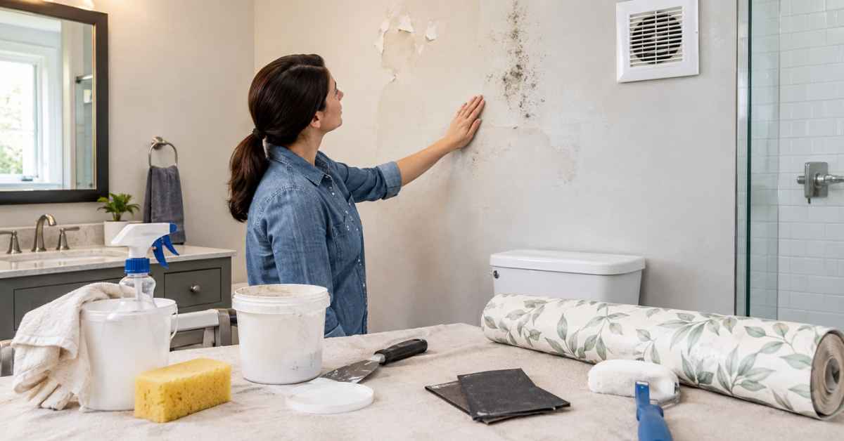 Preparing a bathroom wall for wallpaper by inspecting damaged areas, cleaning the surface, and gathering wallpaper installation tools.