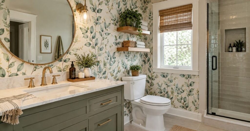Bathroom Wallpaper with botanical design, floating wood shelves, vanity, and glass shower