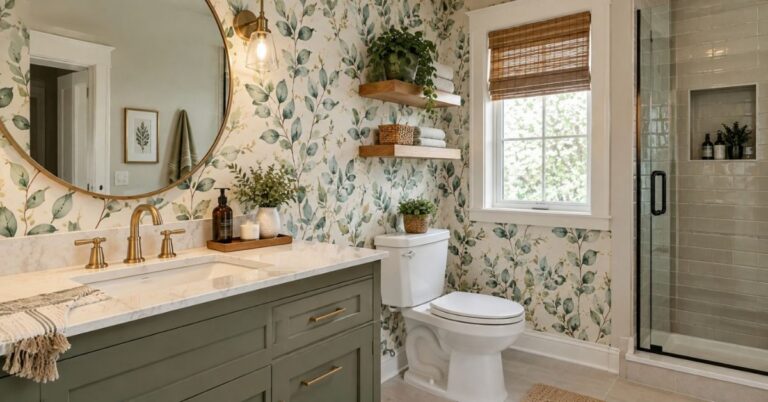 Bathroom Wallpaper with botanical design, floating wood shelves, vanity, and glass shower