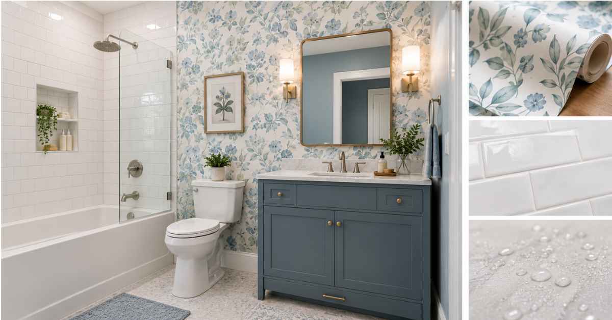 Modern bathroom featuring decorative floral wallpaper on dry walls and white tile in the shower area, showing wallpaper vs. tile design options.